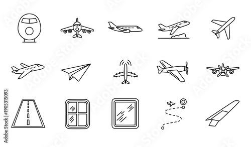 Airplane line icons collection with editable stroke for travel and editorial use
