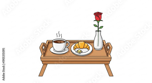 Breakfast tray with steaming coffee cup croissant and red rose in vase on wooden tray