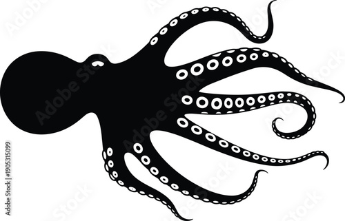 Black octopus silhouette with flowing tentacles and suction cups isolated on white background, marine sea creature vector illustration for ocean wildlife design, logo, tattoo, and decor.