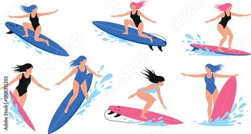 Women surfing illustration set with female surfers riding waves on colorful surfboards in dynamic flat style for summer beach sport and lifestyle designs
