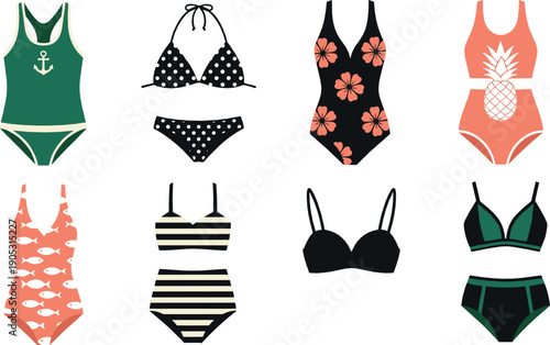 Women swimwear illustration set with bikinis and one piece swimsuits featuring nautical floral striped and tropical designs in modern flat style for summer fashion projects