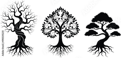 Stylized artistic tree silhouettes with twisted trunks, ornate branches, swirling foliage, and detailed roots for design, illustration, cataloging, and symbolism