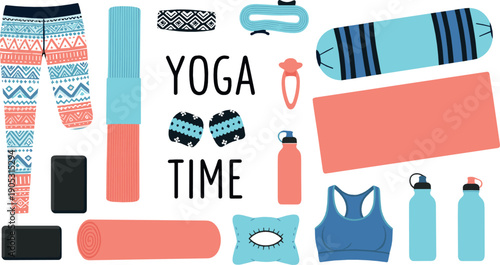 Yoga time illustration set with yoga mat, leggings, blocks, water bottles and fitness accessories in modern flat vector style for wellness and lifestyle design