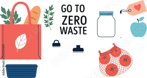 Zero waste lifestyle illustration set with reusable shopping bag glass jar produce net and eco friendly elements promoting sustainable living and plastic free habits