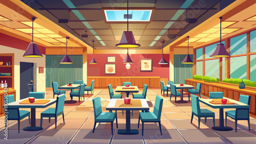 Minimal cartoon vector of a modern restaurant hall, wide layout, few tables, soft lighting, plain walls, clean flat illustration style