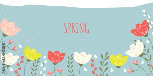 Spring banner. Flowers on blue background for web design. Vector illustration