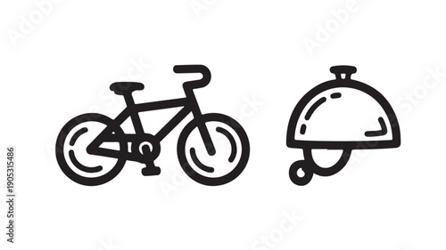 Bicycle and Serving Dish Icon Set in Simple Line Art Style with Black Color on White Background for Web Graphics