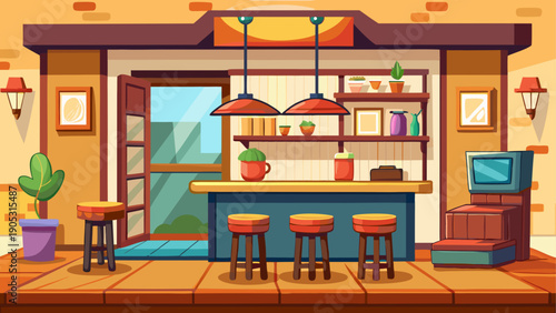 Simple cartoon vector of a tiny cafe room, single counter, few stools, open space, warm tones, minimal objects, flat style, clean look
