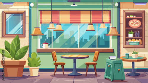 Minimal cartoon vector of a cafe interior with one window, one table, clean space, soft pastel colors, flat design, quiet mood