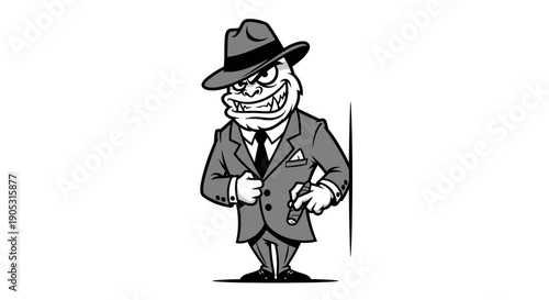 Cartoon gangster in a suit and hat leaning against a wall.