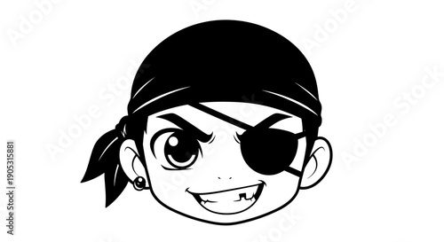 Cartoon Pirate Head with Eye Patch and Bandana.