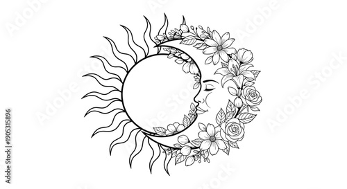 Celestial Sun and Moon Embrace with Floral Adornment.