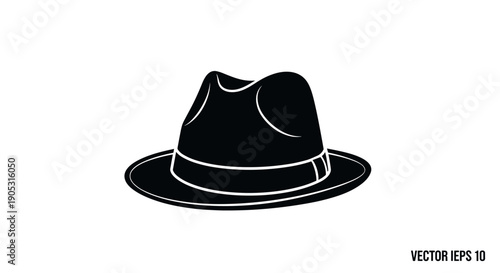 Classic Black Fedora Hat Silhouette Icon.