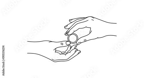 Closeup of hands exchanging a small round object.