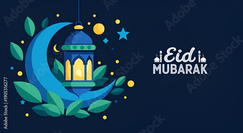 Eid Mubarak Celebration: A stylized illustration with a crescent moon, a lantern, and floral elements to celebrate the festival. Wishing happiness, peace, and blessings on this special occasion.