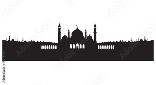 Taj Mahal silhouette landscape with domes and minarets on white background