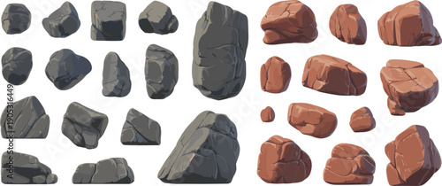 Cartoon rock set with dark stone and red sandstone boulders, isolated on white background, vector illustration for game assets, terrain design, environment elements.