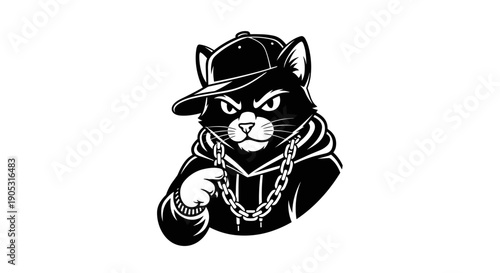 Cool Black Cat Wearing a Baseball Cap and Chain.