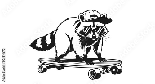 Cool Raccoon Riding a Skateboard with Sunglasses and Cap.
