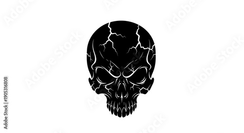 Cracked Black Skull Illustration with White Lightning Details.