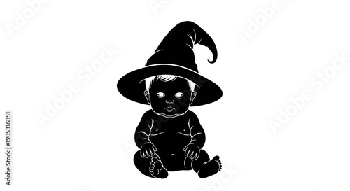 Creepy Black Baby Silhouette Wearing Witch Hat.