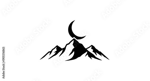 Crescent Moon Over Majestic Mountain Peaks Silhouette.