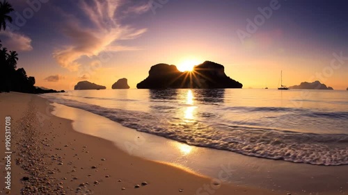 Stunning sunrise over the ocean with sun rays and islands at a beautiful beach with gentle waves