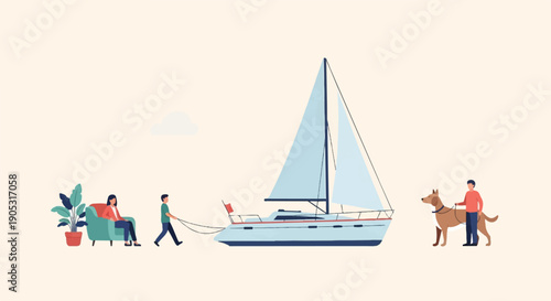 Illustration of people and pets near a sailboat on a light background