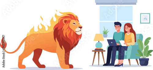 Fiery lion with a couple working together at home
