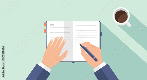 Hands writing in an open notebook with coffee on a light blue background