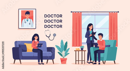 Medical consultation with doctors and patients in a clinic setting