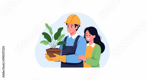 Man in hard hat holding a potted plant with a woman by his side