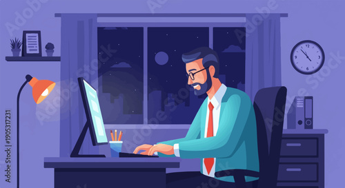Man in office working on computer at night with city view