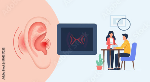 Medical illustration of ear distress, sound waves, and a consultation