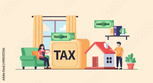 Figures discuss tax loans and home loan concepts with illustrative elements