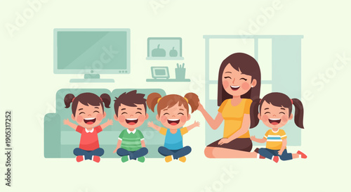 Happy children and a woman sitting on floor in room with TV