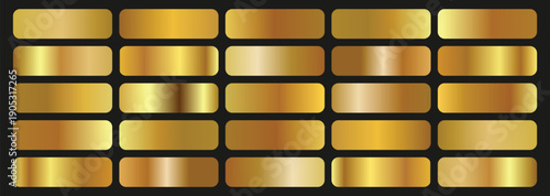 Gold gradient color metallic set collection. Set gold gradient Chrome color foil texture background. Rose gold, golden, silver, bronze gradient, pattern, template. 