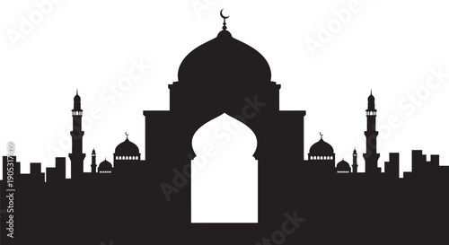 Islamic mosque silhouette with domes and minarets on white background