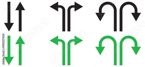 Green sign arrow set. go straight, turn left, turn right, u turn direction sign. Alternate Route line and filled flat designs. Go Straight This Way One Way Only U Turn Left and Right Black Arrow Sign