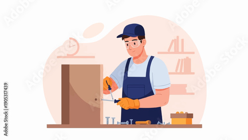 Man in overalls and cap assembling furniture with tools and screws