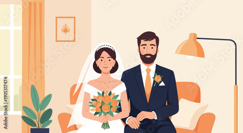 Happy couple in wedding attire sitting on a couch, holding bouquet