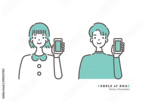 スマートフォンを持った男女のイラスト 緑のツートーン