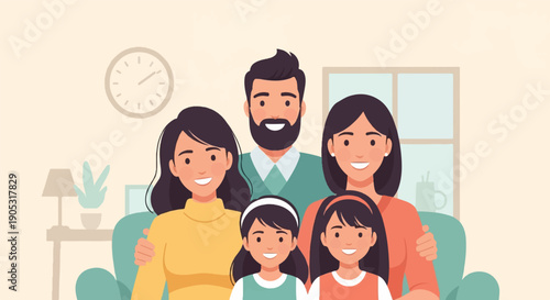 Happy diverse family portrait in cozy living room, smiling brightly