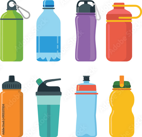 Colorful cartoon water bottles set isolated on white background, reusable sport drink containers for fitness, hiking, gym, camping, hydration concept, and healthy lifestyle illustration.