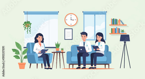 Medical professionals in a waiting room, discussing patient care and records
