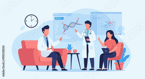 Medical professionals in lab coats discuss DNA structure on a digital screen