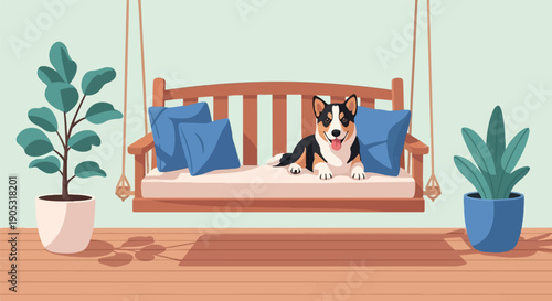 Happy dog relaxes on porch swing with potted plants and shadows