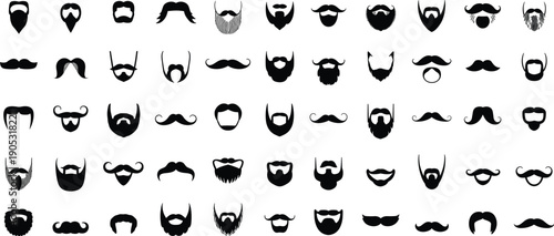 Set of sixty vector facial hair silhouettes including various mustache styles, beards, goatees, and whiskers for men's grooming and barber branding.