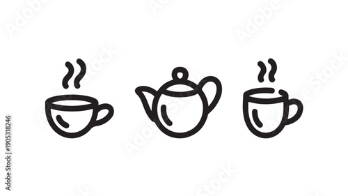 Tea cups and teapot in simple line art style with black outline on white background for cafe branding