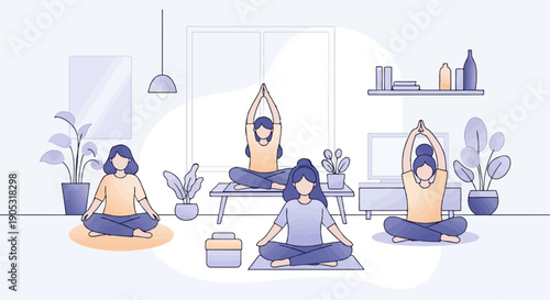 Four women meditating in a minimalist room with plants and decor
